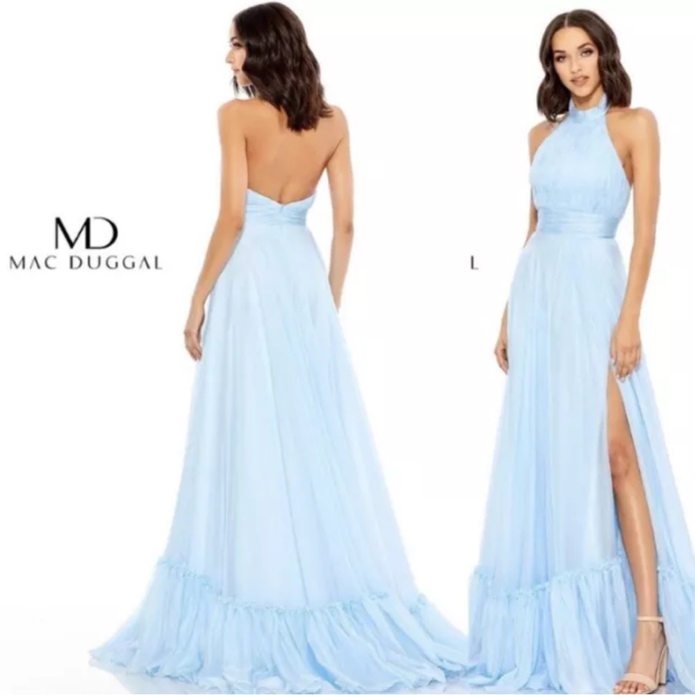 Mac Duggal Size 4 high neck tired chiffon light blue